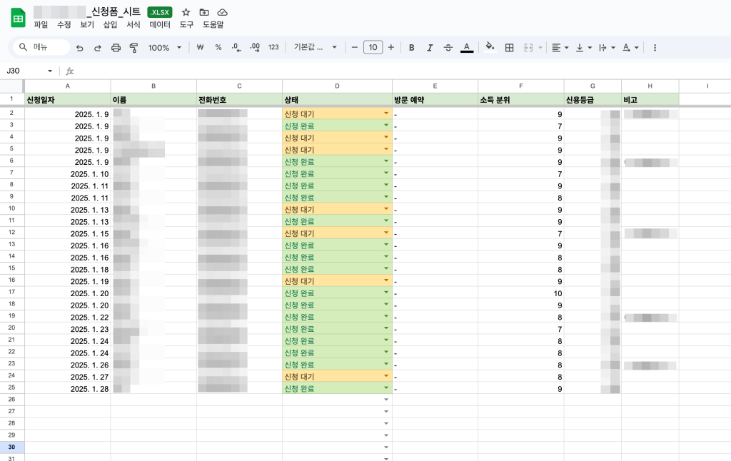 구글 시트 상태를 보여주는 화면, 신청 내역과 연락처, 상태 등의 정보가 나열된 표.