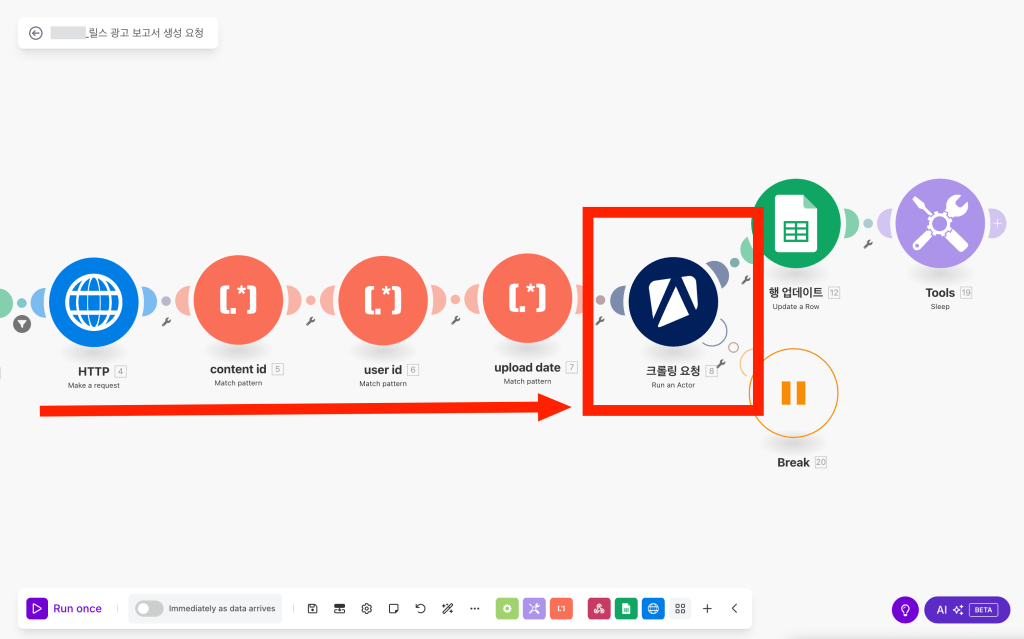 자동화된 인스타그램 광고 보고서 생성을 위한 MAKE 플랫폼의 흐름도