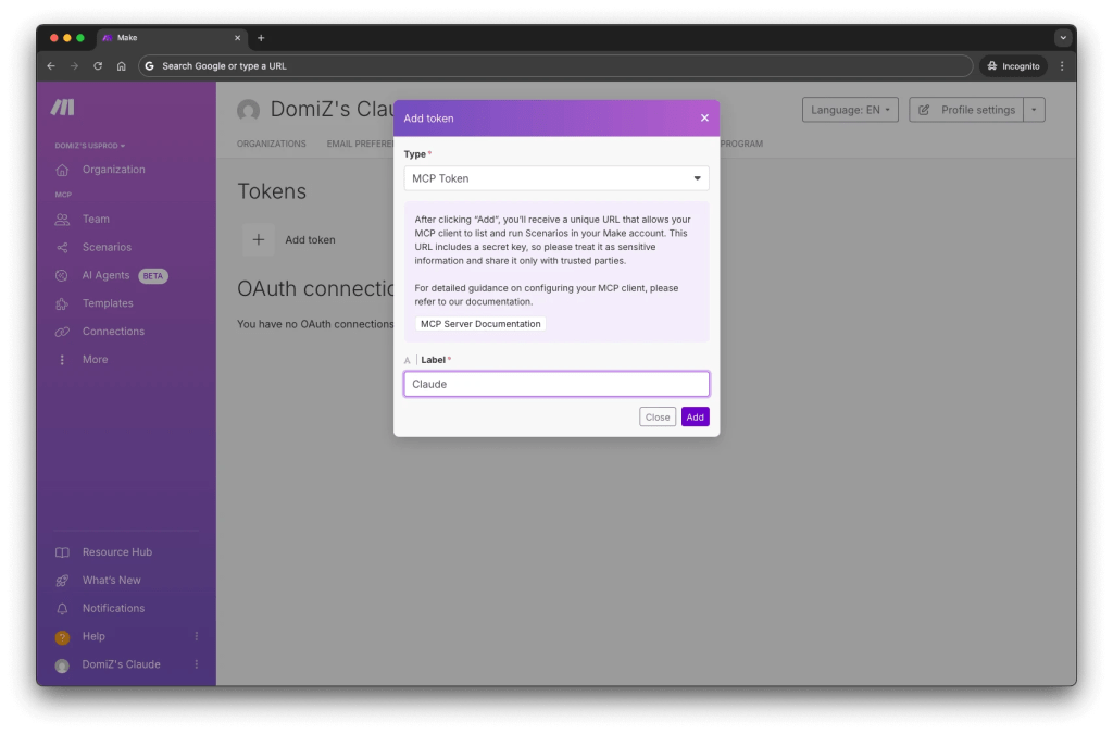 A user interface screen showing the process of adding an MCP token in the Make platform, with fields for token type, label, and instructions for use.