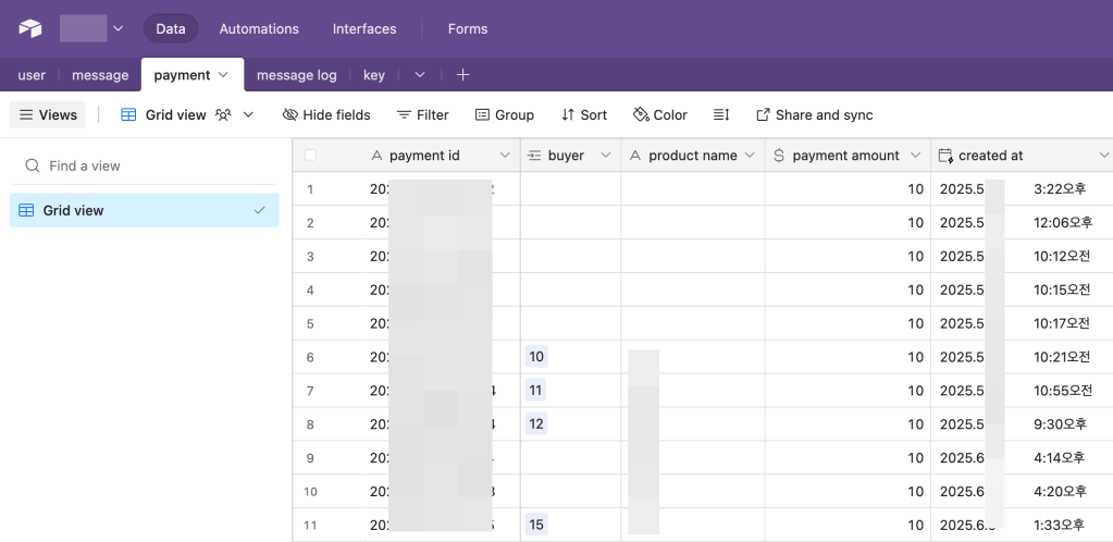 A screenshot of a data grid, showing payment records including payment ID, buyer, product name, payment amount, and timestamp. The grid is organized with headers and multiple entries for managing subscriptions.