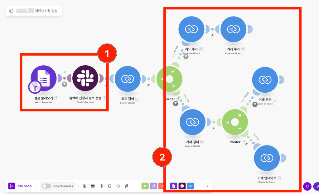 자동화 CRM 시스템 구축 단계 다이어그램, 고객 신청 데이터를 처리하는 과정과 관련된 작업 흐름을 나타냄.
노코드로 만든 자동화 CRM 시스템 1단계