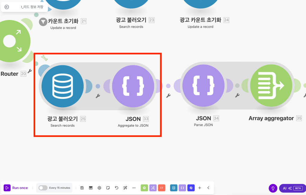 meta 광고 리드 관리 자동화 1단계
자동화 시스템의 프로세스를 보여주는 이미지로, 광고 블록과 JSON 로직이 포함된 흐름도.
