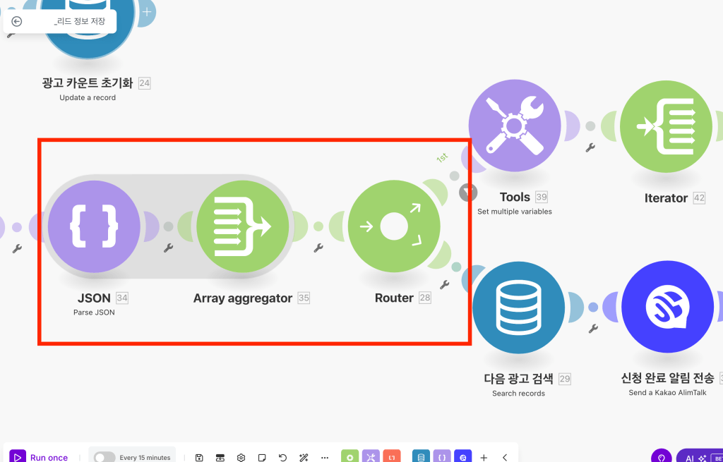 meta 광고 리드 관리 자동화 2단계
JSON 및 배열 집계기, 라우터와 같은 여러 기능을 보여주는 자동화 흐름도.