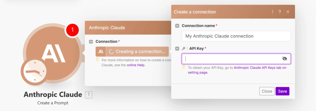 Claude API 연결 생성 화면, API 키 입력 및 연결 이름 설정 기능 포함