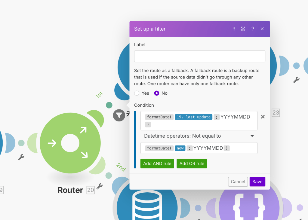 meta 광고 리드 관리 자동화 4단계
자동화 필터 설정 화면으로, 라벨 설정, 대체 경로 지정, 날짜 조건을 설정하는 UI 요소들이 보입니다.