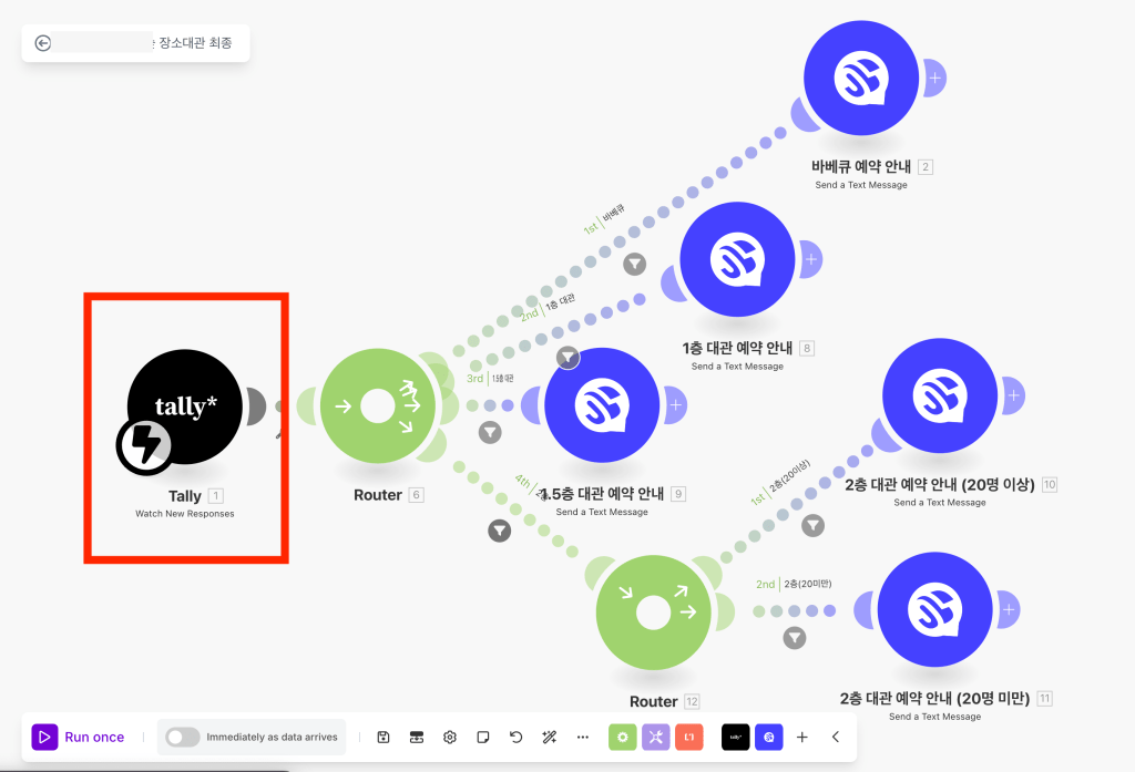 예약 안내 알림 자동화 1단계
자동화 플랫폼 MAKE와 Tally 폼 연동 설정 화면을 보여주는 이미지