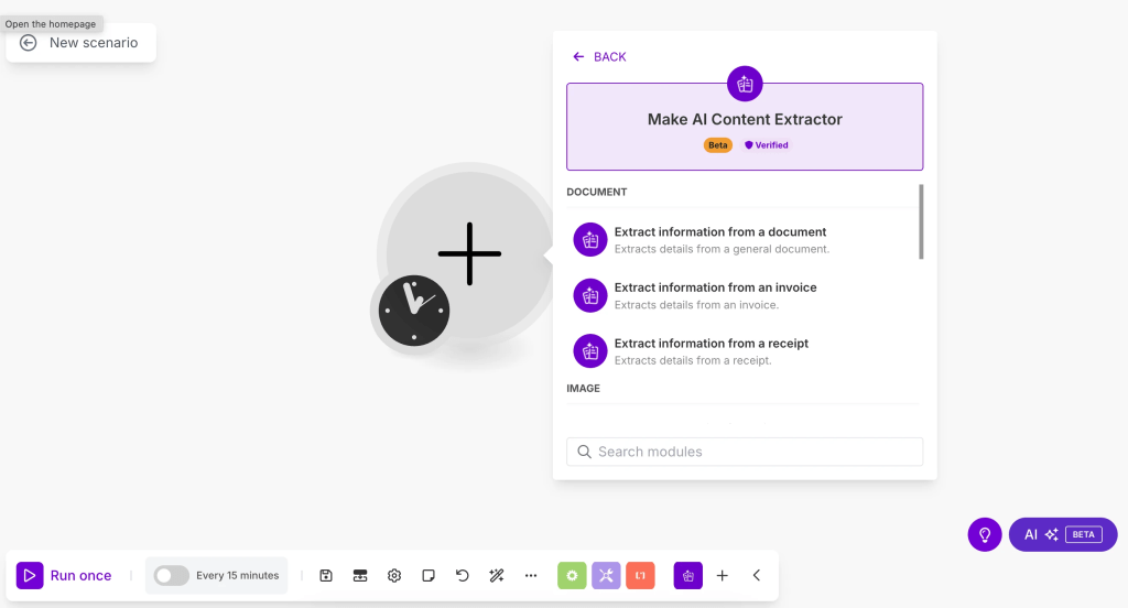 Make AI 콘텐츠 추출기의 인터페이스 화면, 정보 추출 옵션이 포함됨.