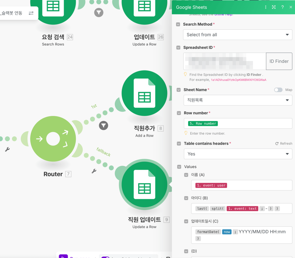 슬랙과 구글 시트를 연결하여 직원 정보를 자동으로 처리하는 워크플로우 다이어그램.