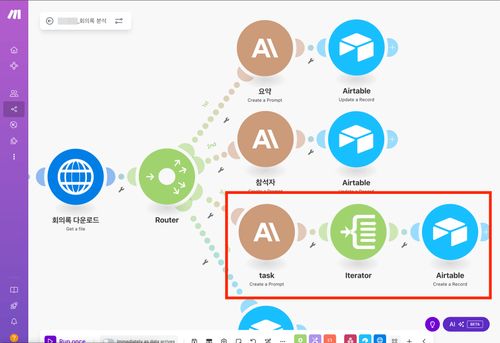 회의록 자동화 4-3단계
자동화 작업 흐름 다이어그램, '회의록 다운로드', '요약', '참석자', '작업', 그리고 '에어테이블'의 데이터 업데이트를 포함한 프로세스