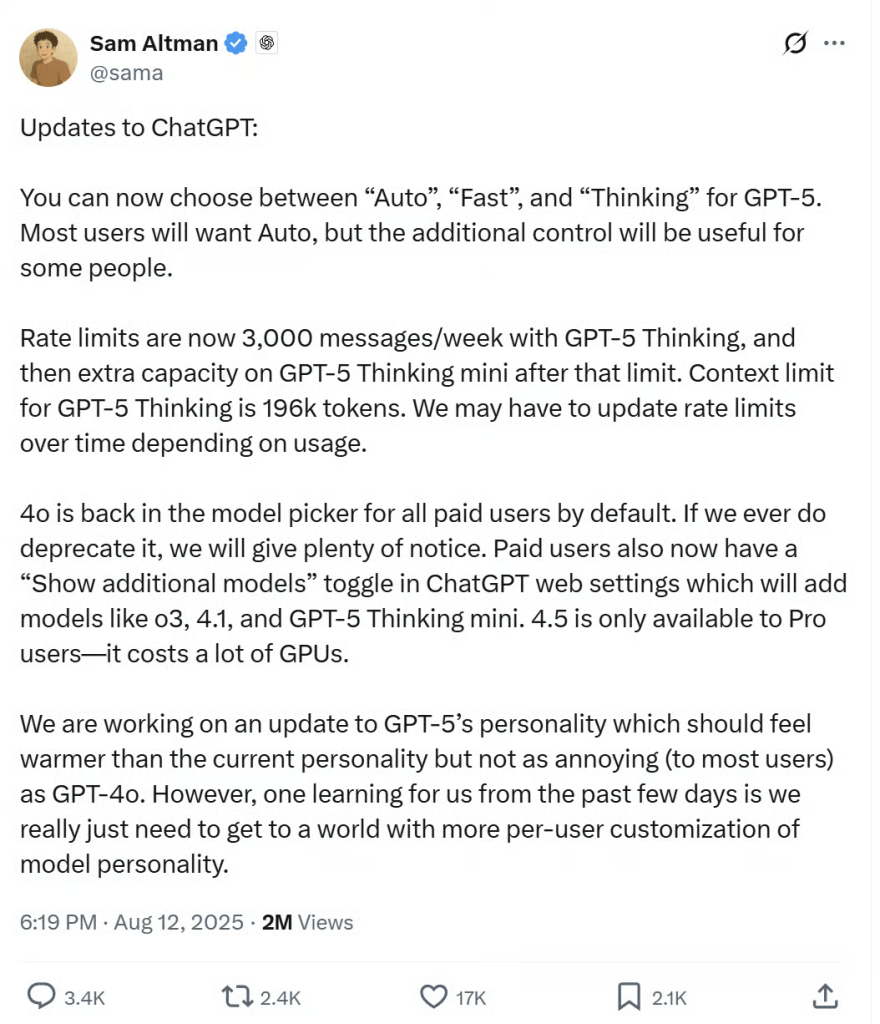 샘 알트먼이 GPT-5 업데이트에 대한 내용을 공유하는 트윗입니다. 사용자는 '자동', '빠른', '사고' 모드 중에서 선택할 수 있으며, GPT-4o 모델이 다시 추가되었다고 설명합니다.