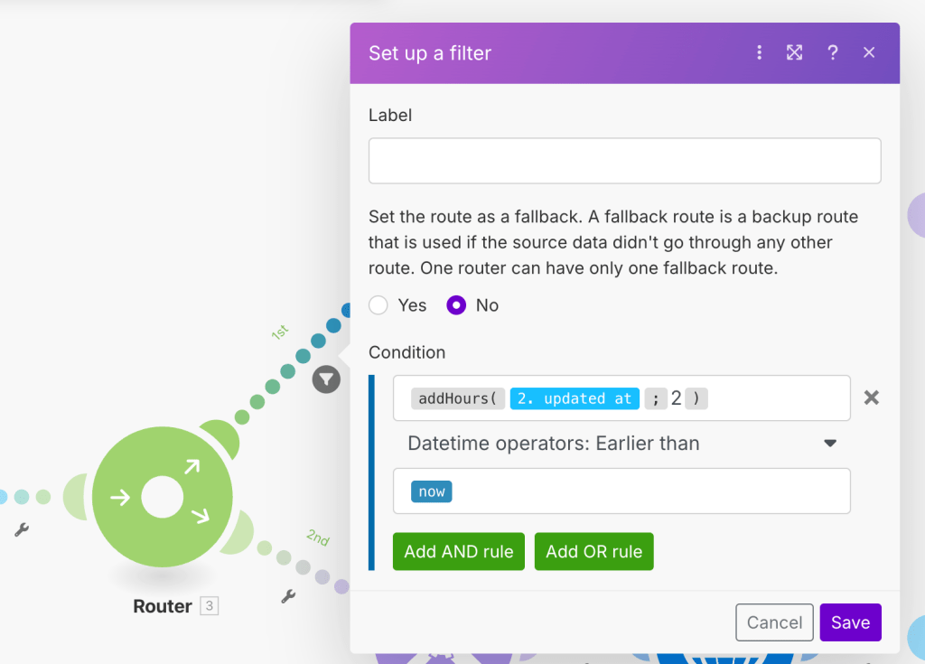 An interface showing the setup of a filter in a workflow automation tool, with options for conditions and routing.