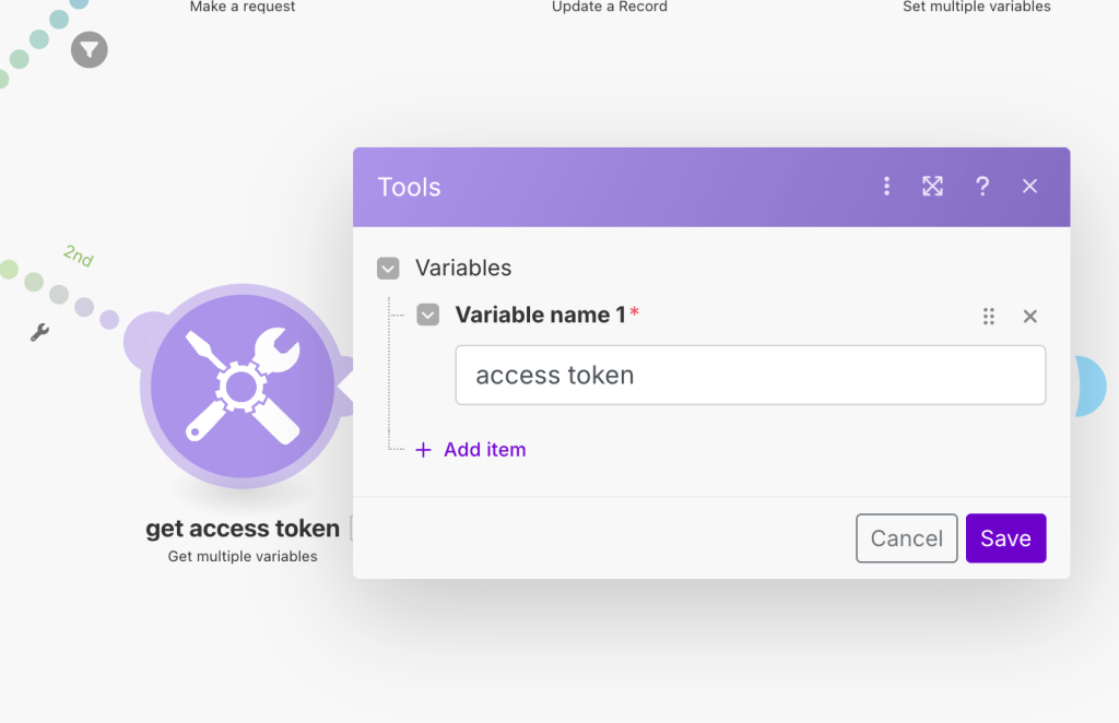 화면에 'access token'이라는 변수가 입력된 툴 패널의 모습입니다. 사용자는 변수 이름을 설정하고 저장할 수 있습니다.