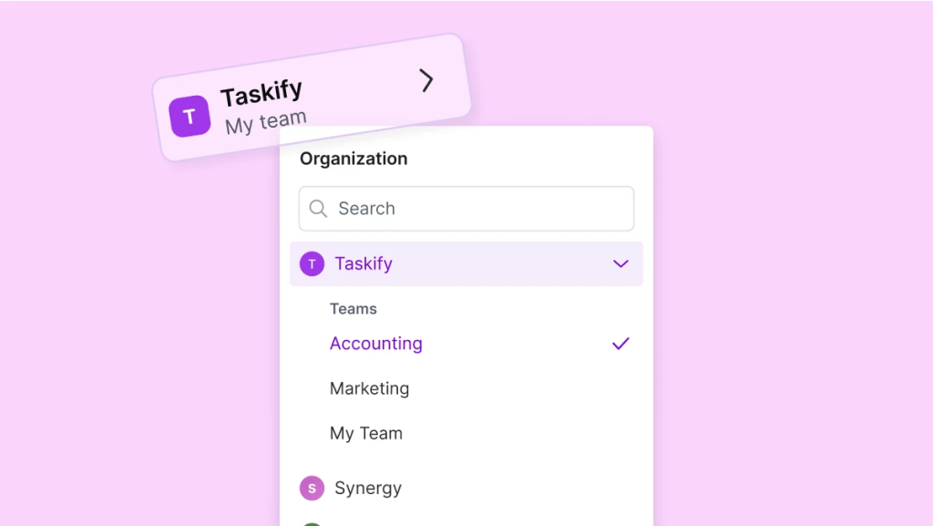 Make의 새로운 탐색 기능 인터페이스가 보라색 배경 위에 표시되어 있습니다. 조직 및 팀 선택기와 검색 기능이 포함된 메뉴를 보여줍니다.